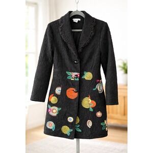 Womens Small Black Textured Embroidered Floral Lace Trim Boho Coat Jacket
